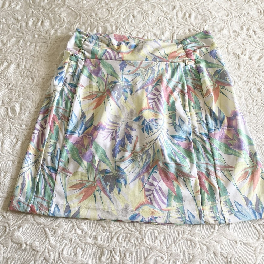 Antigua Golf Skort M Pastel Tropical Print Adjustable Ruched Side Pickle Ball